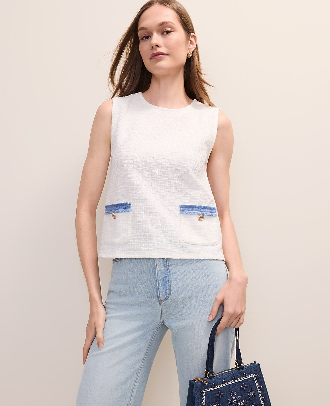 Ann Taylor Winter White Petite Fringe Trim Tweed Top