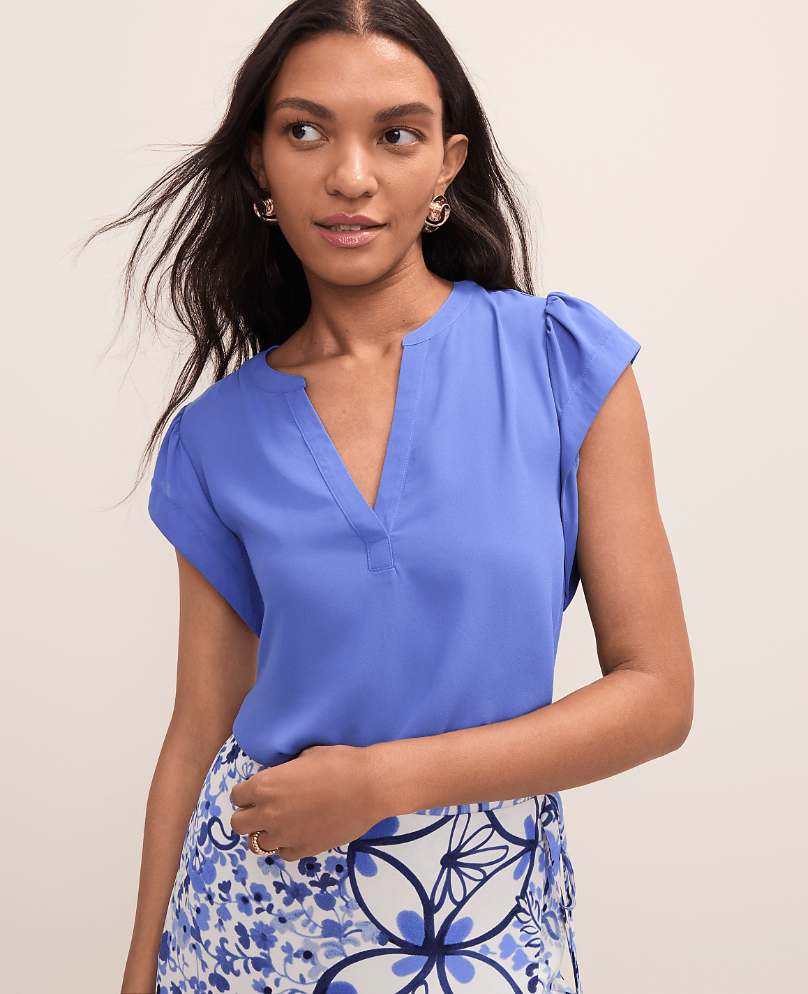 Ann Taylor Dream Blue Petite Mixed Media Flutter Sleeve Top