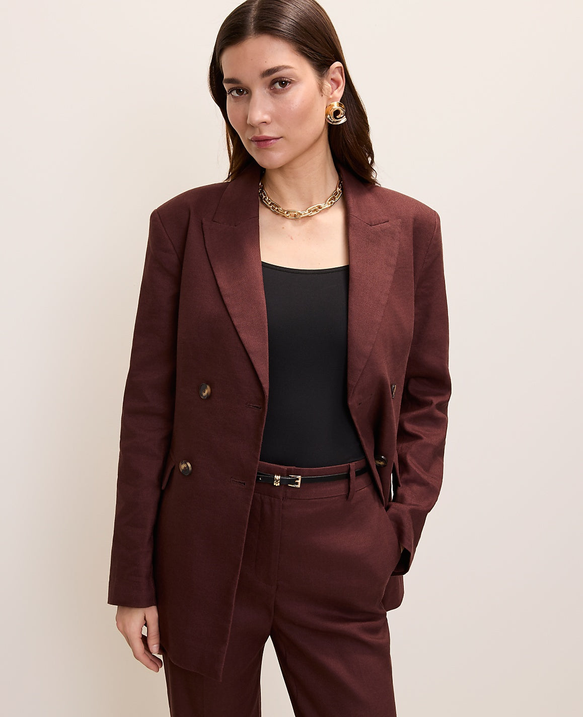 Ann Taylor Rich Walnut The Petite Fitted Long Double Breasted Blazer in Linen Blend