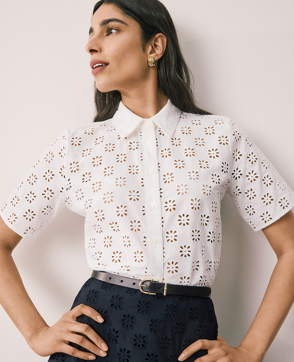 Ann Taylor White Petite Eyelet Blouse