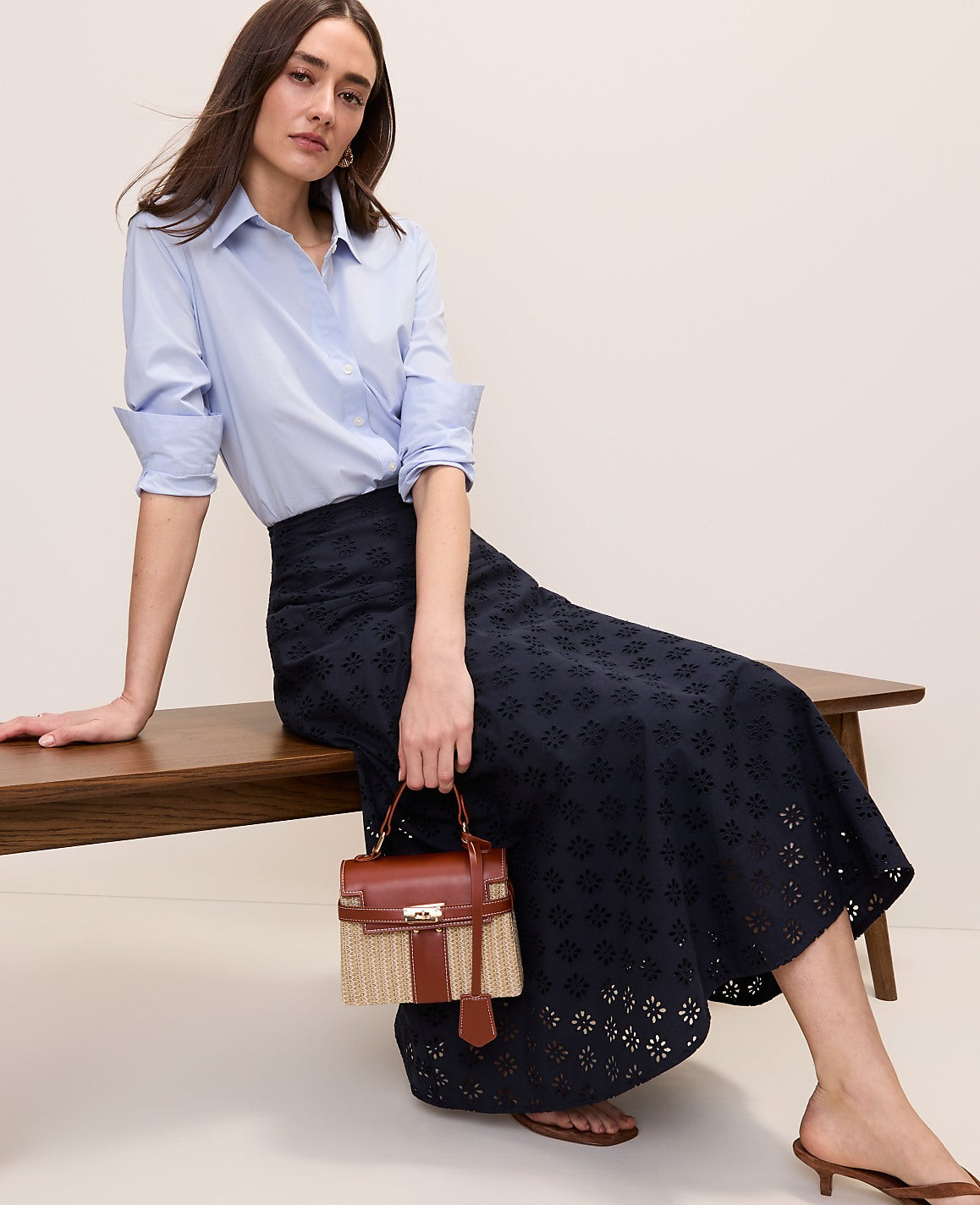 Ann Taylor Night Sky Petite Eyelet Full Midi Skirt