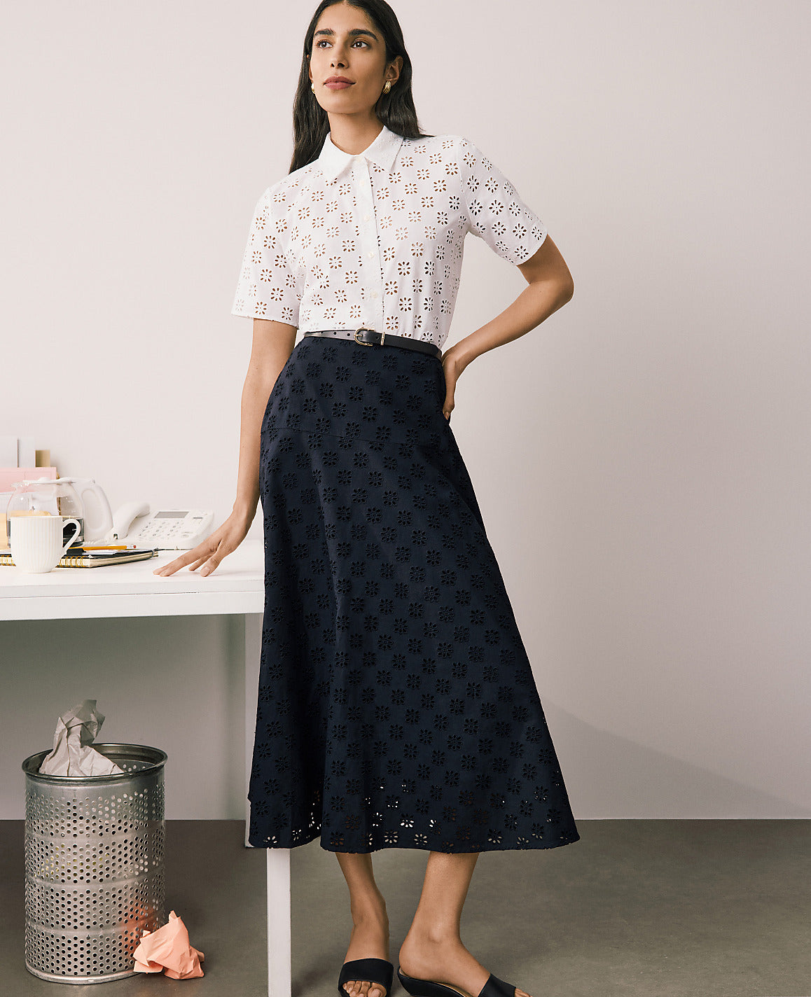 Ann Taylor Night Sky Petite Eyelet Full Midi Skirt