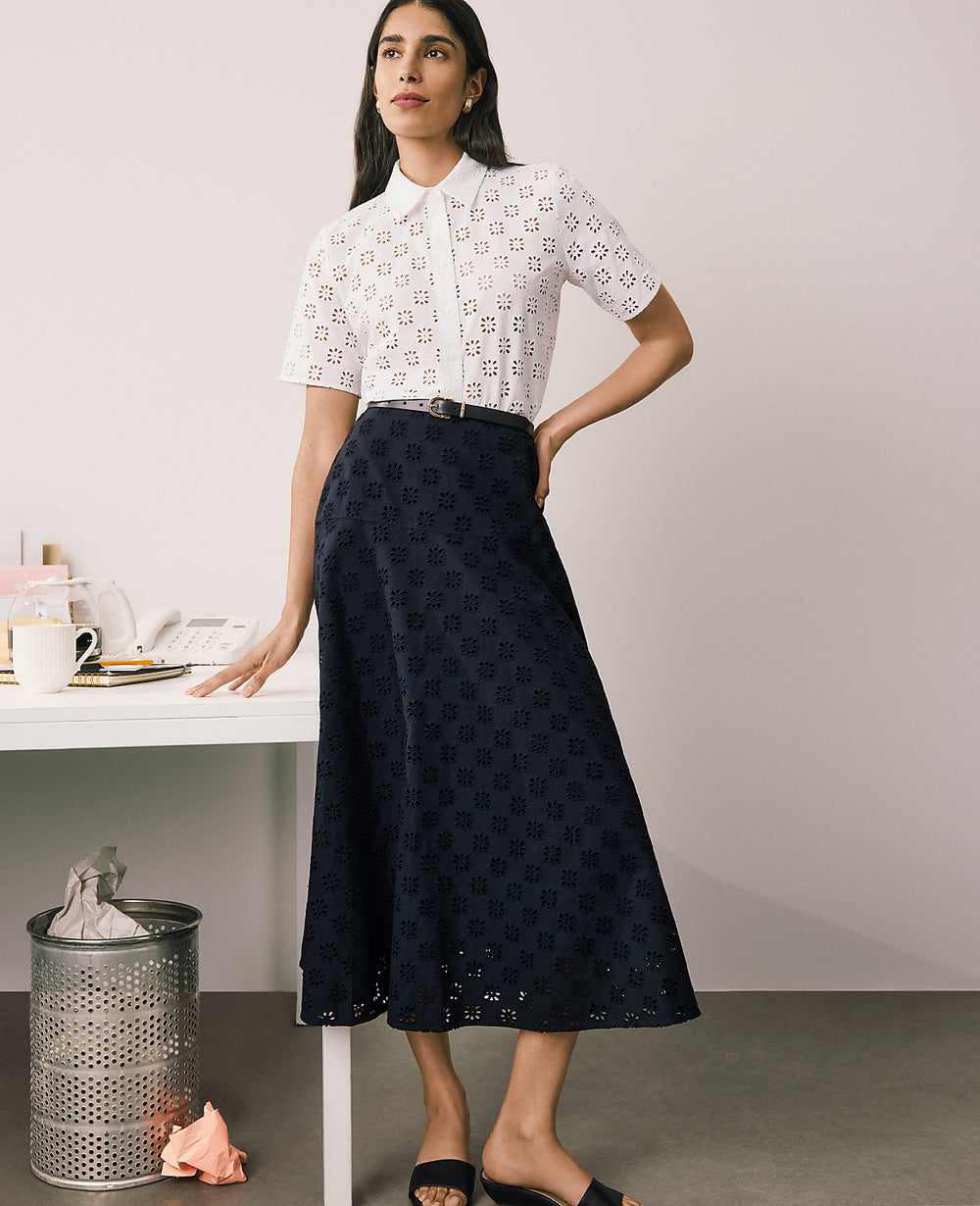 Ann Taylor Night Sky Petite Eyelet Full Midi Skirt