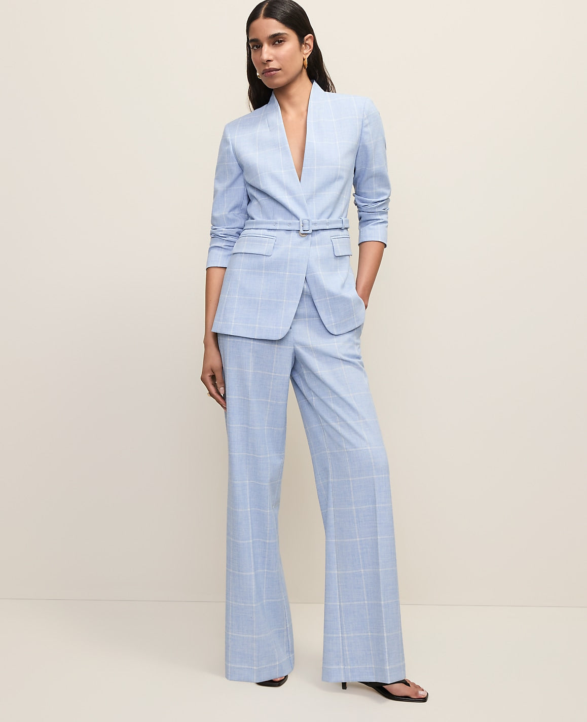 Ann Taylor Blue/Neutral The Petite Wide-Leg Pant in Windowpane