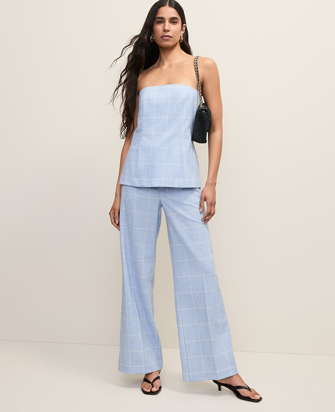 Ann Taylor Blue/Neutral Petite Windowpane Strapless Top