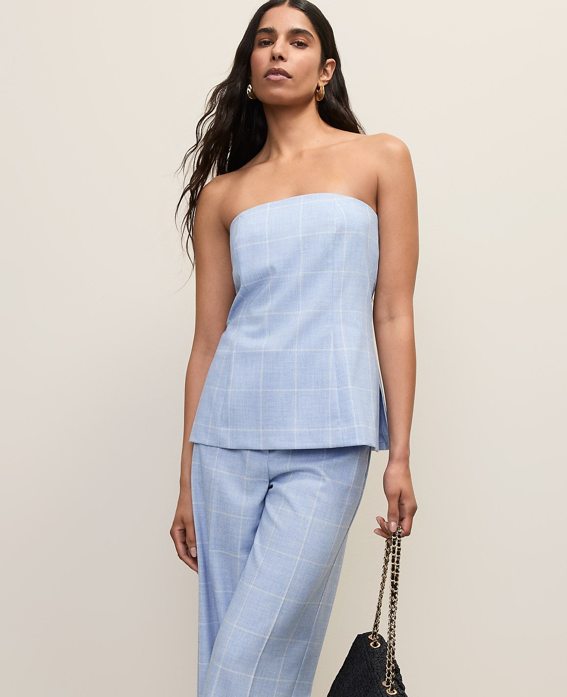 Ann Taylor Blue/Neutral Petite Windowpane Strapless Top