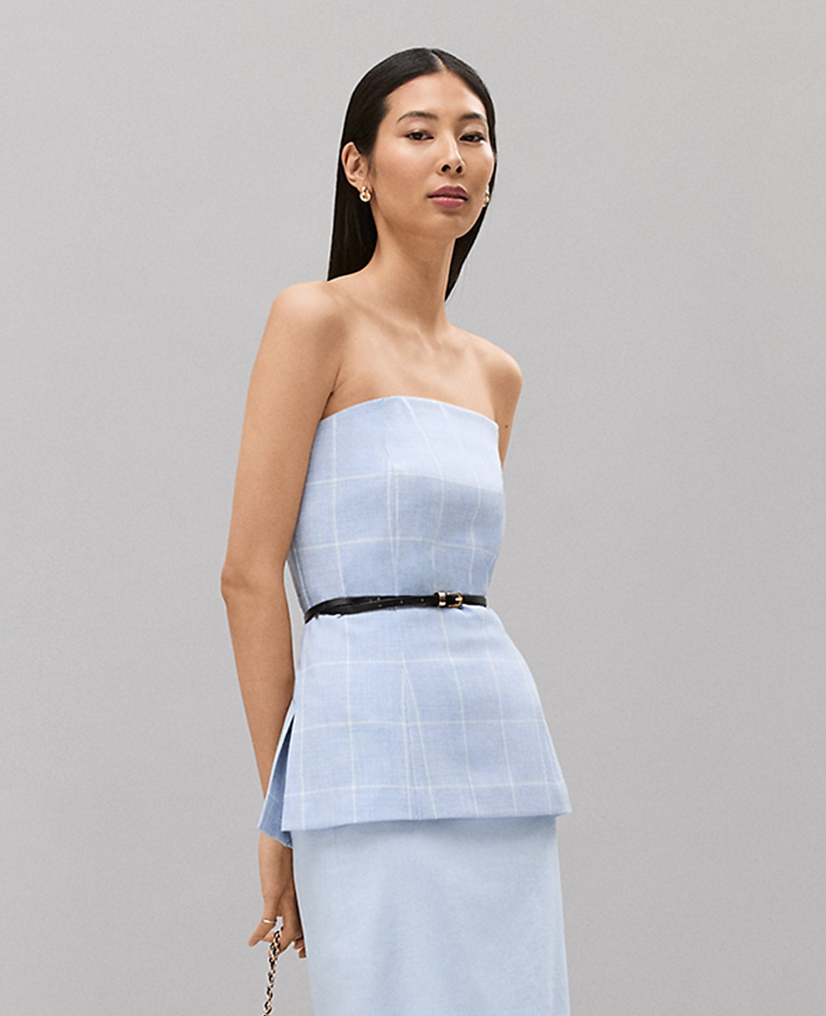 Ann Taylor Blue/Neutral Petite Windowpane Strapless Top