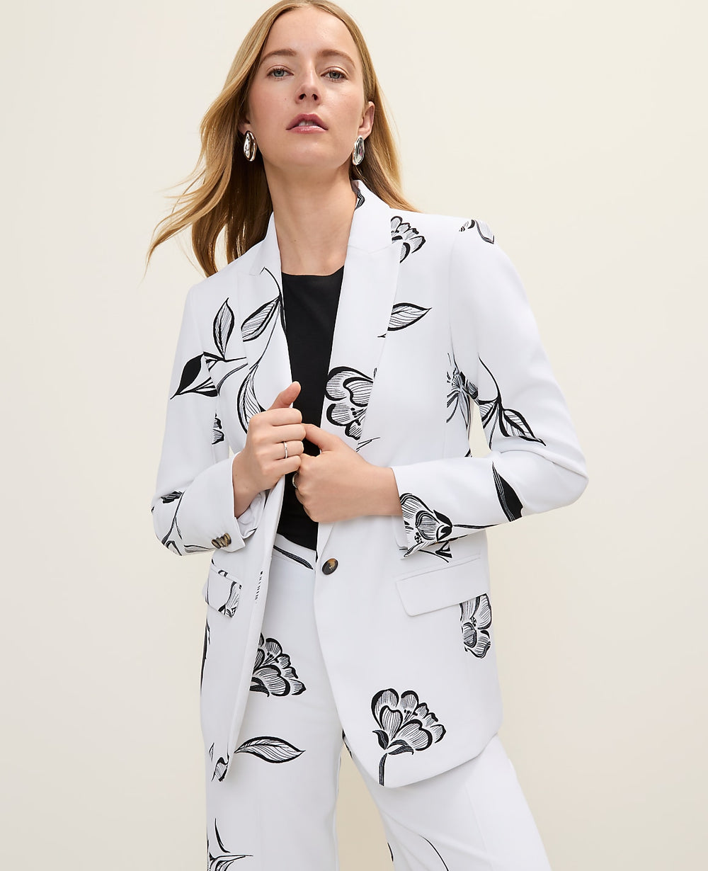 Ann Taylor White-Black The Petite Longline Blazer in Floral Print