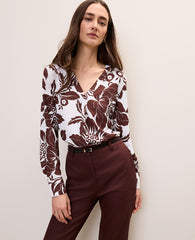 Ann Taylor Rich Walnut Floral Mixed Media Pleat Front Top