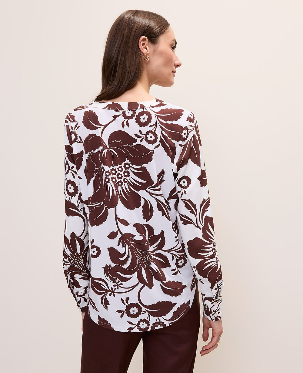Ann Taylor Rich Walnut Floral Mixed Media Pleat Front Top