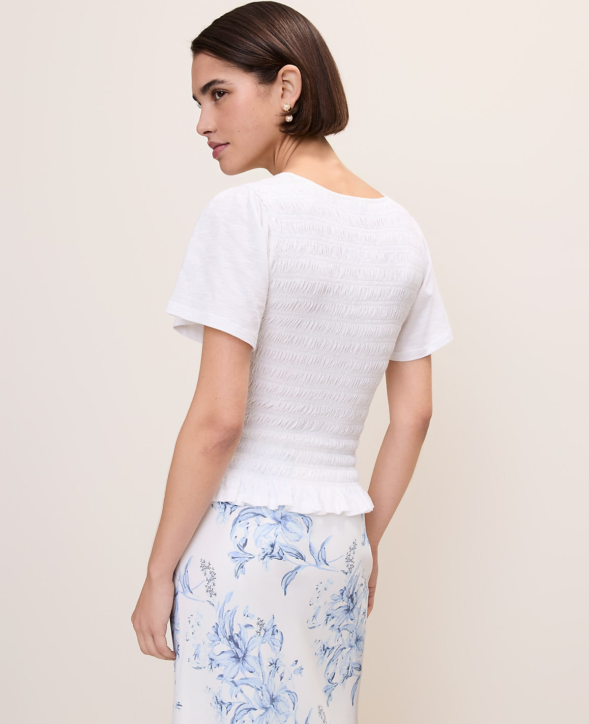 Ann Taylor White Smocked Ruffle Top