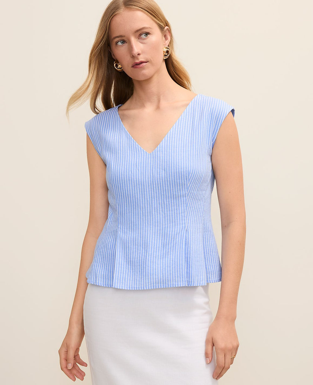Vinci Leather Vista Blue Striped Peplum Top in Linen Blend