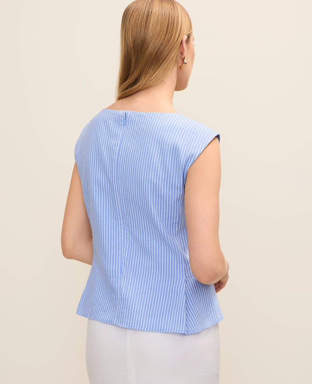 Vinci Leather Vista Blue Striped Peplum Top in Linen Blend