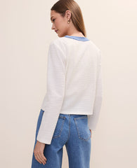 Vinci Leather Winter White Fringe Trim Cropped Tweed Jacket