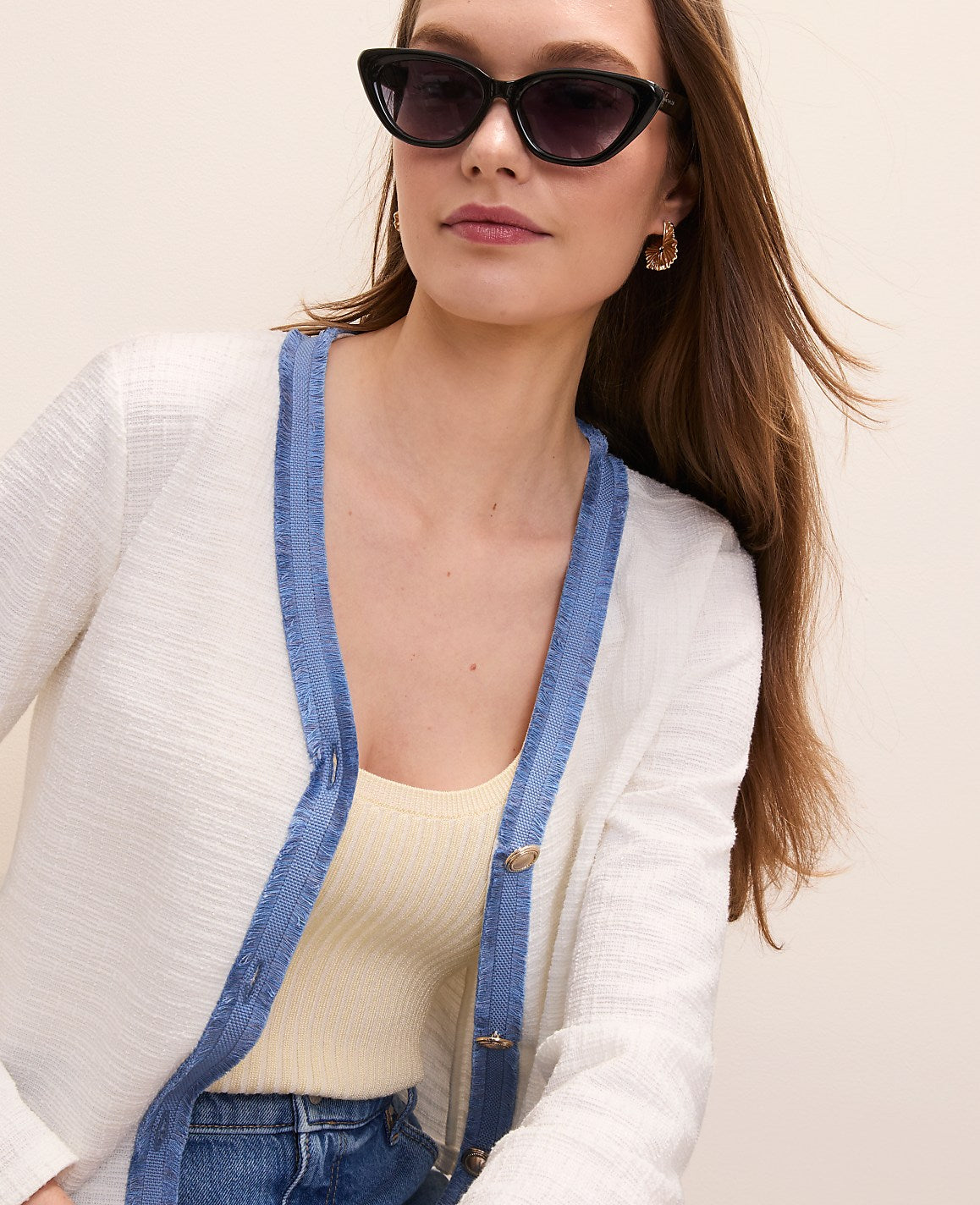 Vinci Leather Winter White Fringe Trim Cropped Tweed Jacket